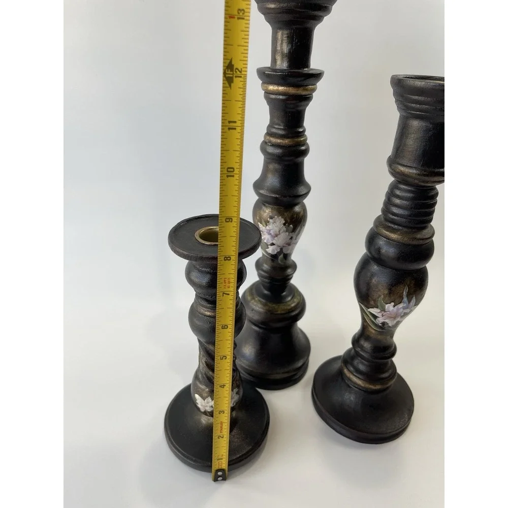 Wooden‎ Candle Holders Decor Dark Finish Floral Accents Set of 3 SEMA 2008